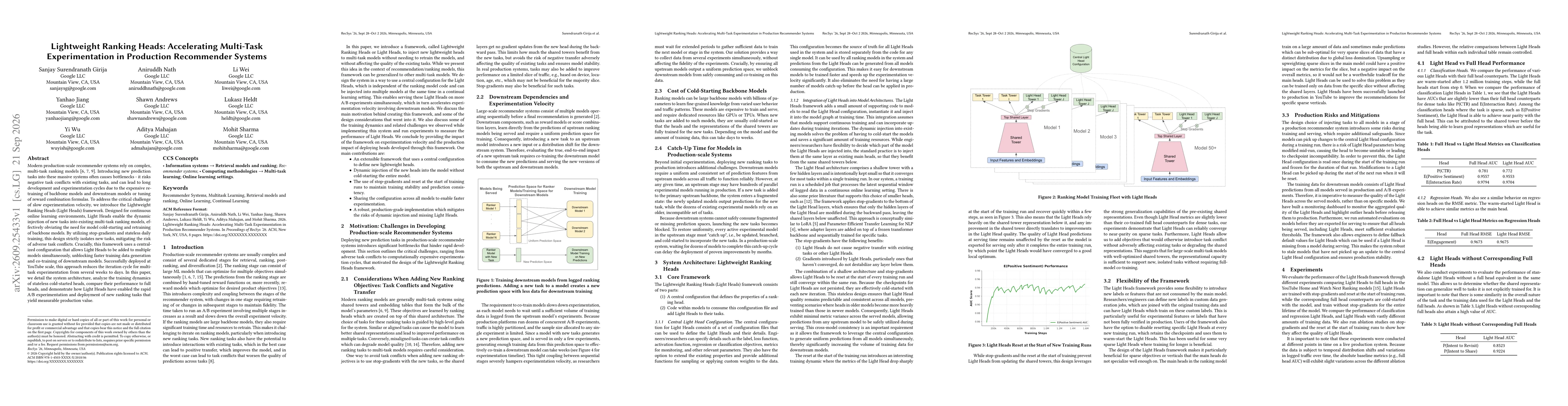 Thumbnail for Lightweight Ranking Heads: Accelerating Multi-Task Experimentation in Production Recommender Systems