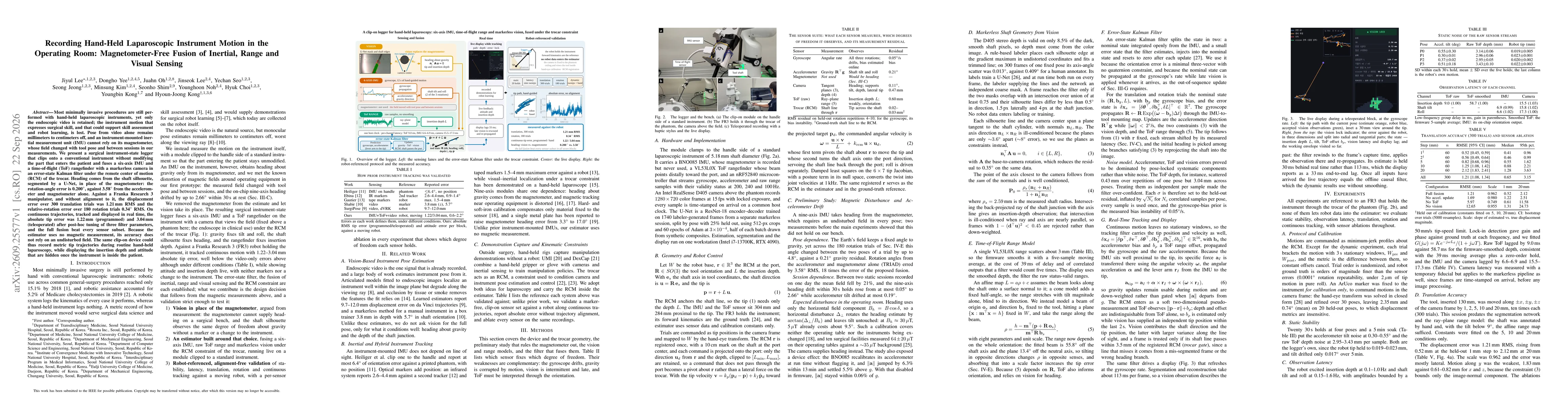 Thumbnail for Recording Hand-Held Laparoscopic Instrument Motion in the Operating Room: Magnetometer-Free Fusion of Inertial, Range and Visual Sensing