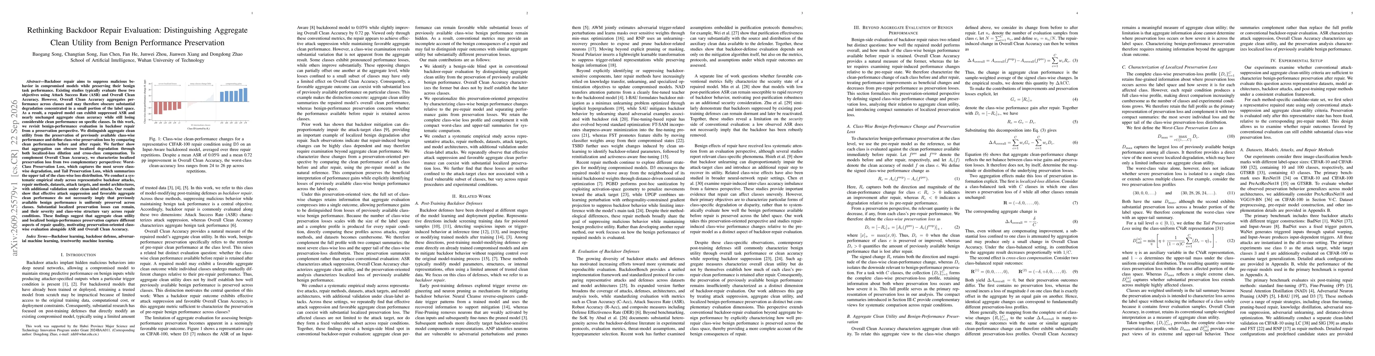 Thumbnail for Rethinking Backdoor Repair Evaluation: Distinguishing Aggregate Clean Utility from Benign Performance Preservation