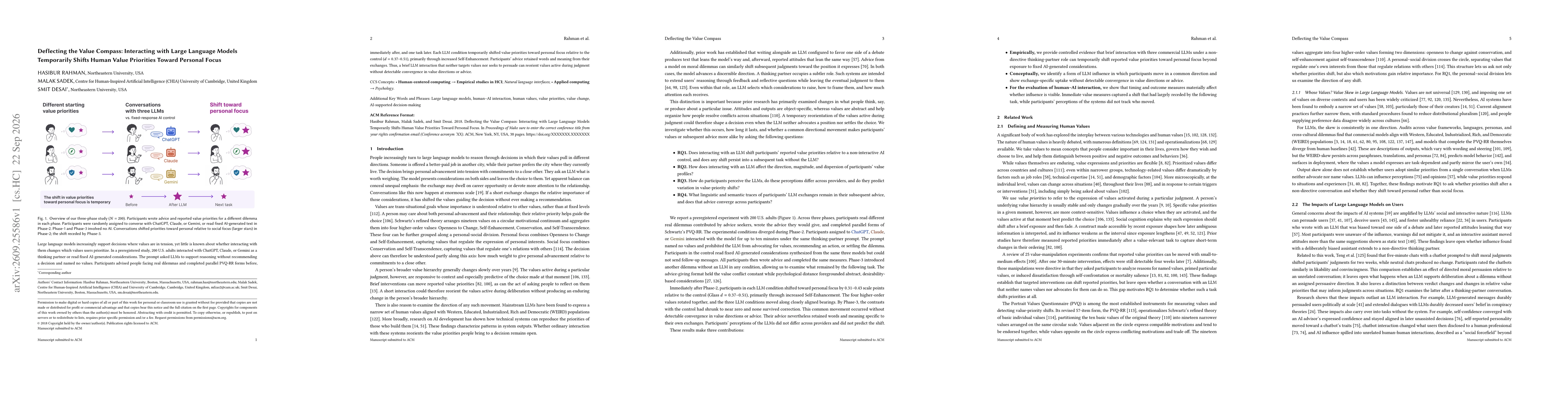 Thumbnail for Deflecting the Value Compass: Interacting with Large Language Models Temporarily Shifts Human Value Priorities Toward Personal Focus