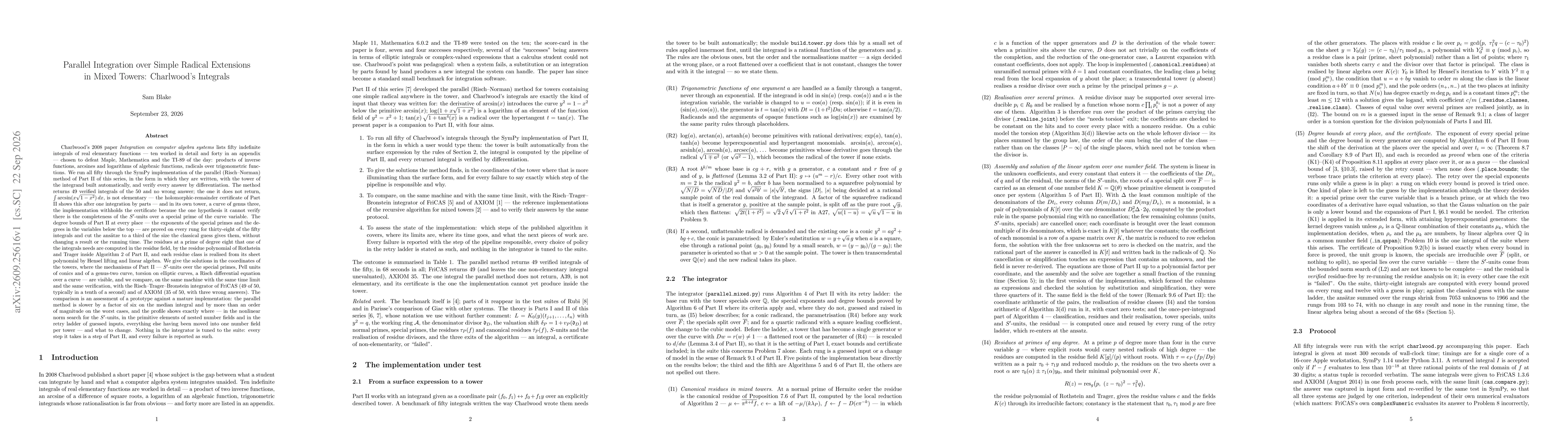 Thumbnail for Parallel Integration over Simple Radical Extensions in Mixed Towers: Charlwood's Integrals