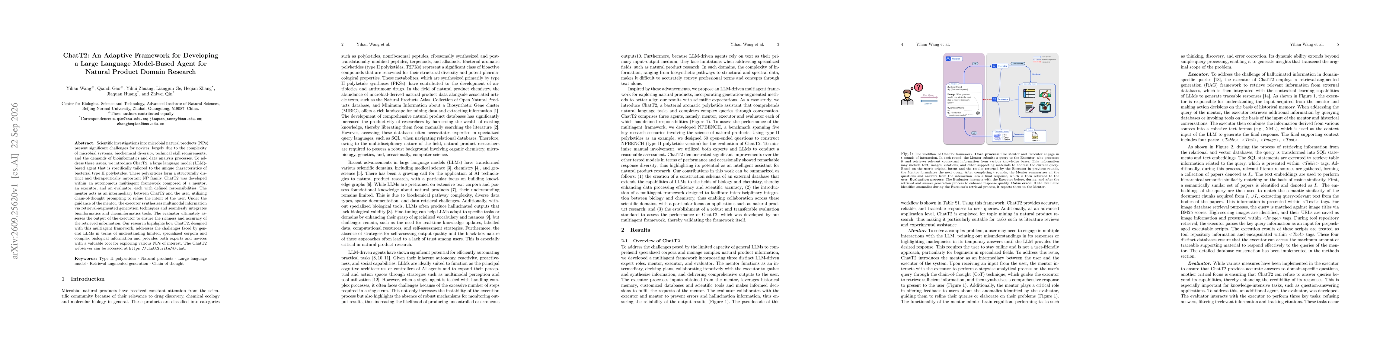 Thumbnail for ChatT2: An Adaptive Framework for Developing a Large Language Model-Based Agent for Natural Product Domain Research