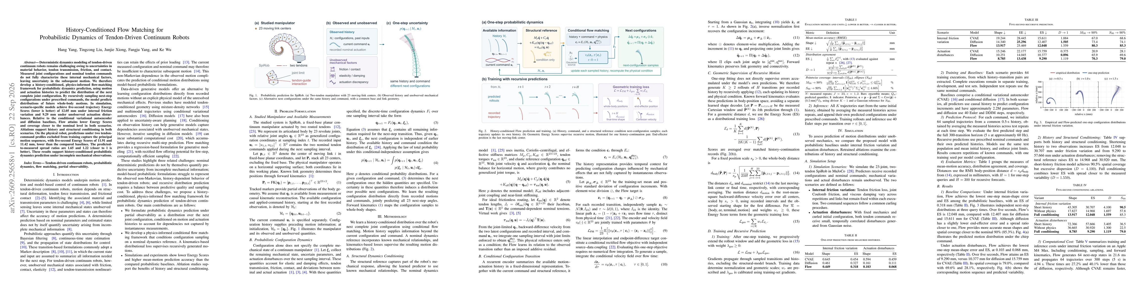 Thumbnail for History-Conditioned Flow Matching for Probabilistic Dynamics of Tendon-Driven Continuum Robots