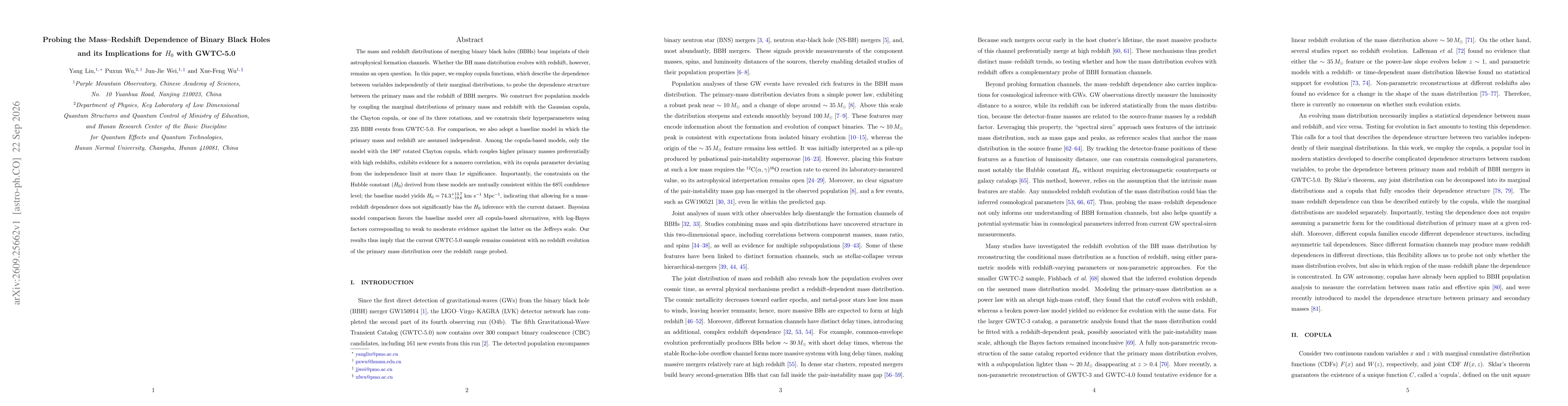 Thumbnail for Probing the Mass--Redshift Dependence of Binary Black Holes and its Implications for $H_0$ with GWTC-5.0