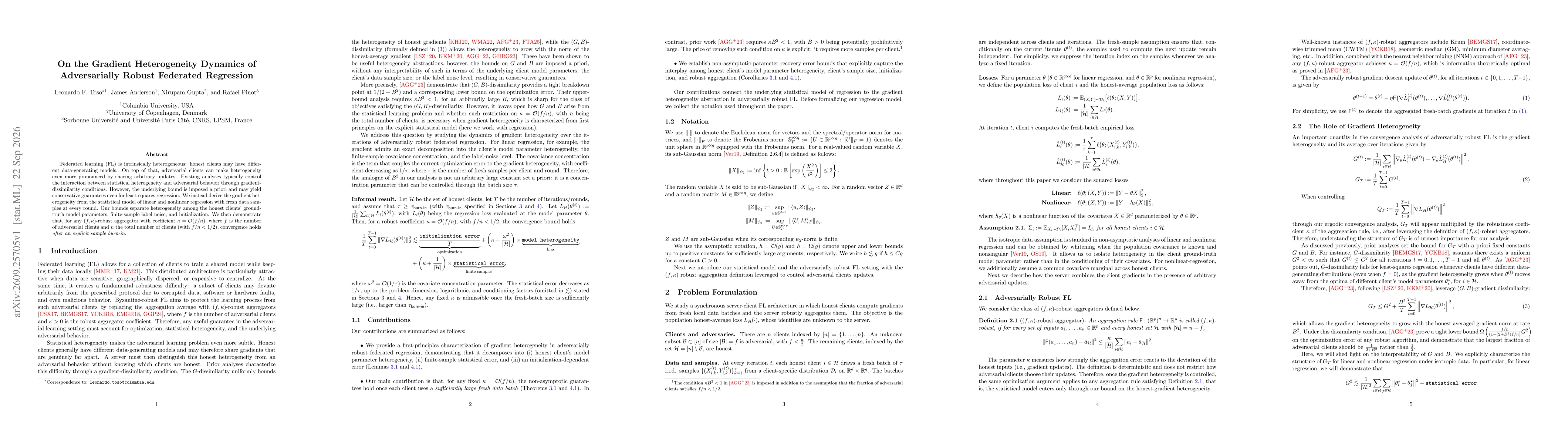 Thumbnail for On the Gradient Heterogeneity Dynamics of Adversarially Robust Federated Regression