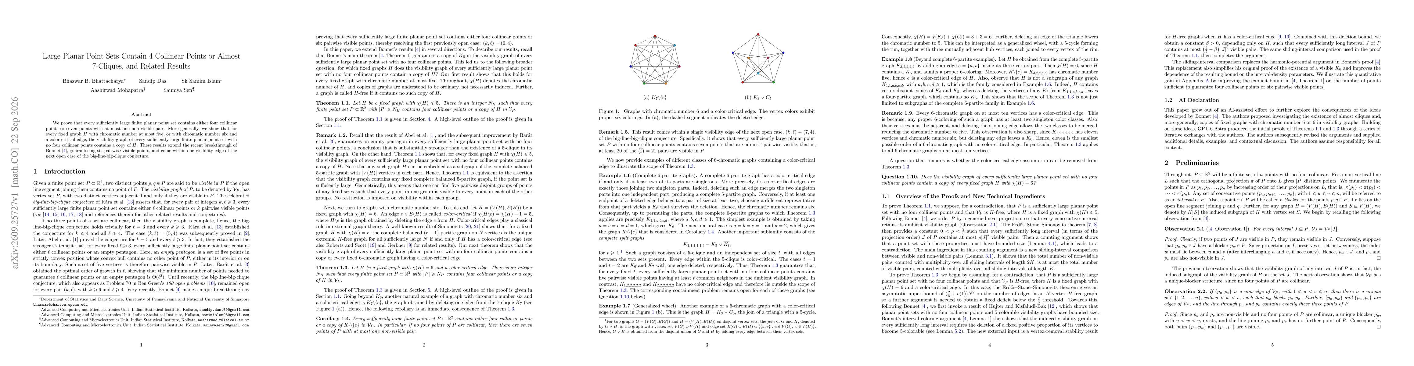 Thumbnail for Large Planar Point Sets Contain 4 Collinear Points or Almost 7-Cliques, and Related Results