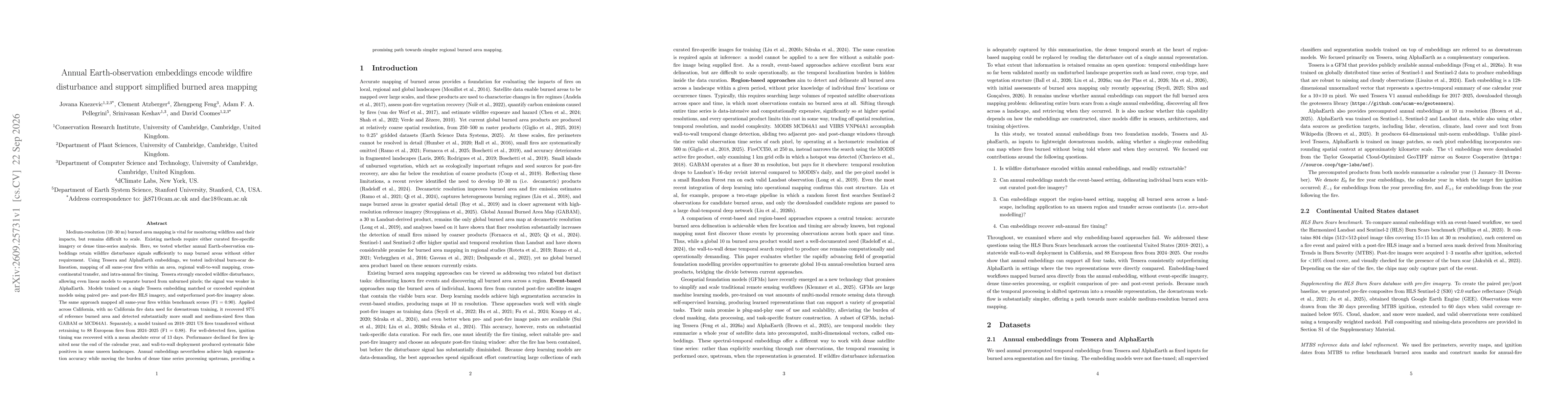Thumbnail for Annual Earth-observation embeddings encode wildfire disturbance and support simplified burned area mapping