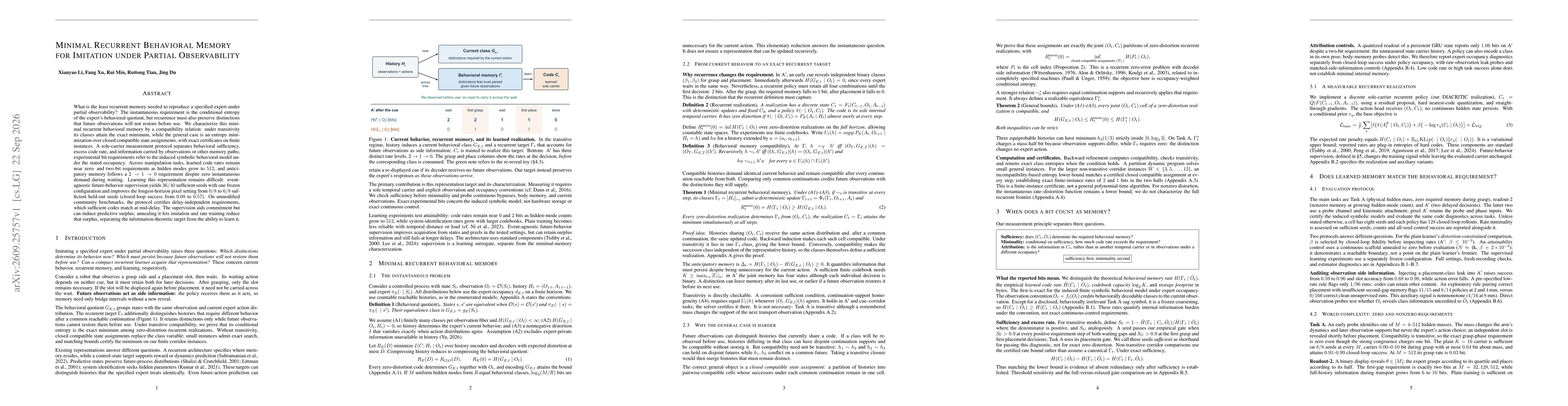 Thumbnail for Minimal Recurrent Behavioral Memory for Imitation under Partial Observability