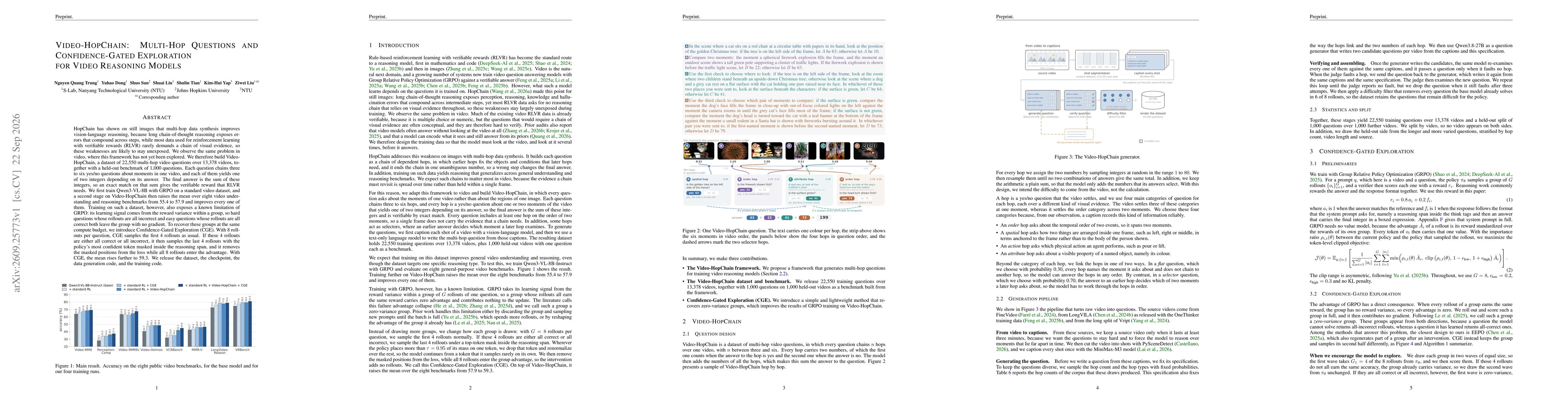 Thumbnail for Video-HopChain: Multi-Hop Questions and Confidence-Gated Exploration for Video Reasoning Models