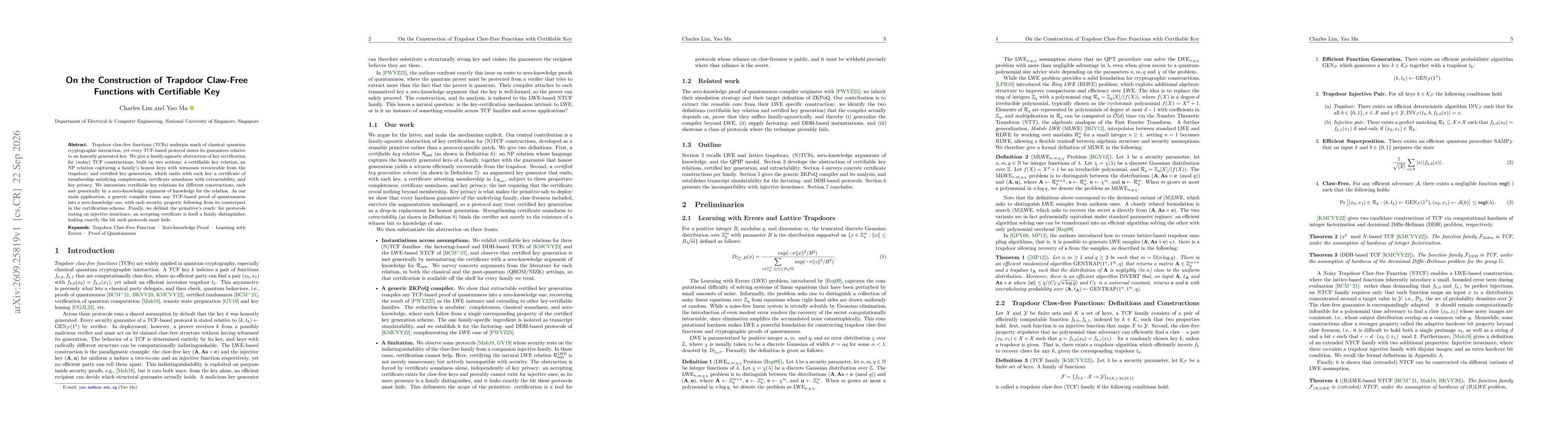 Thumbnail for On the Construction of Trapdoor Claw-Free Functions with Certifiable Key