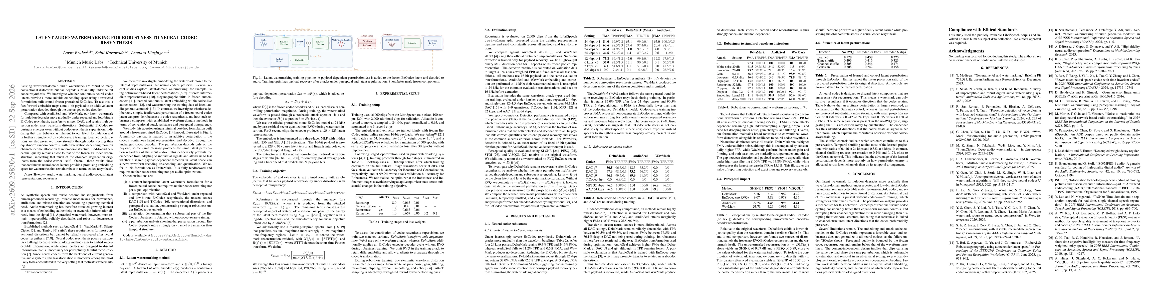 Thumbnail for Latent Audio Watermarking for Robustness to Neural Codec Resynthesis