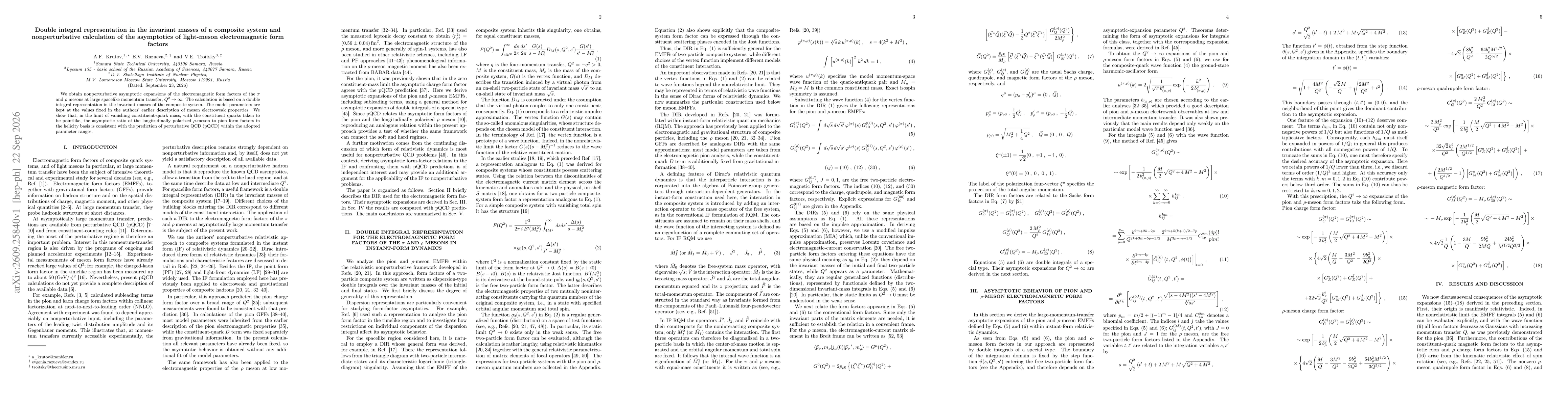 Thumbnail for Double integral representation in the invariant masses of a composite system and nonperturbative calculation of the asymptotics of light-meson electromagnetic form factors