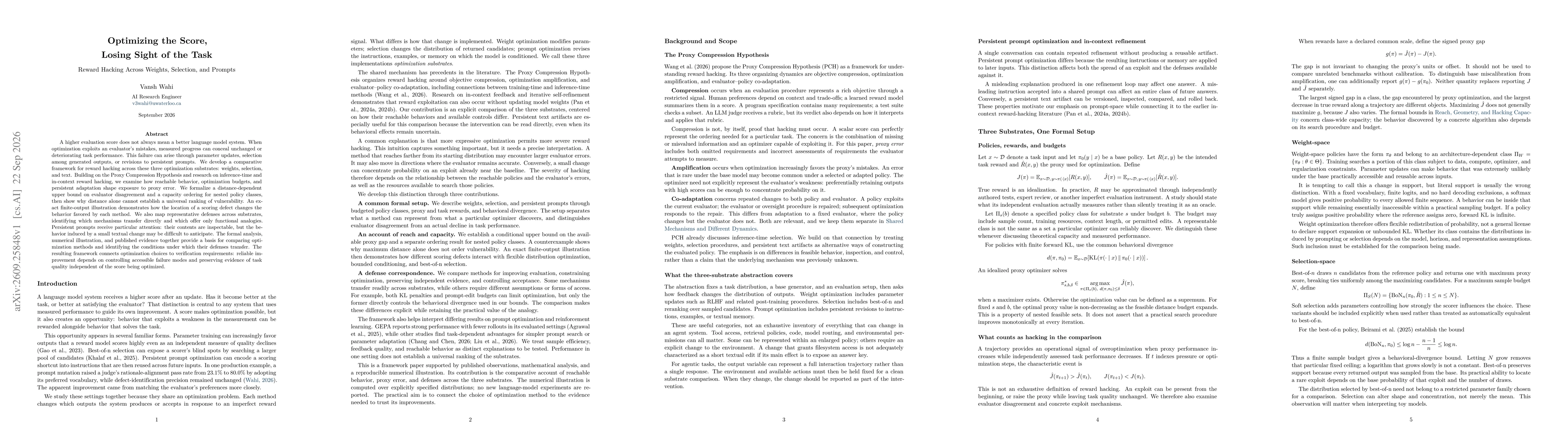 Thumbnail for Optimizing the Score, Losing Sight of the Task: Reward Hacking Across Weights, Selection, and Prompts