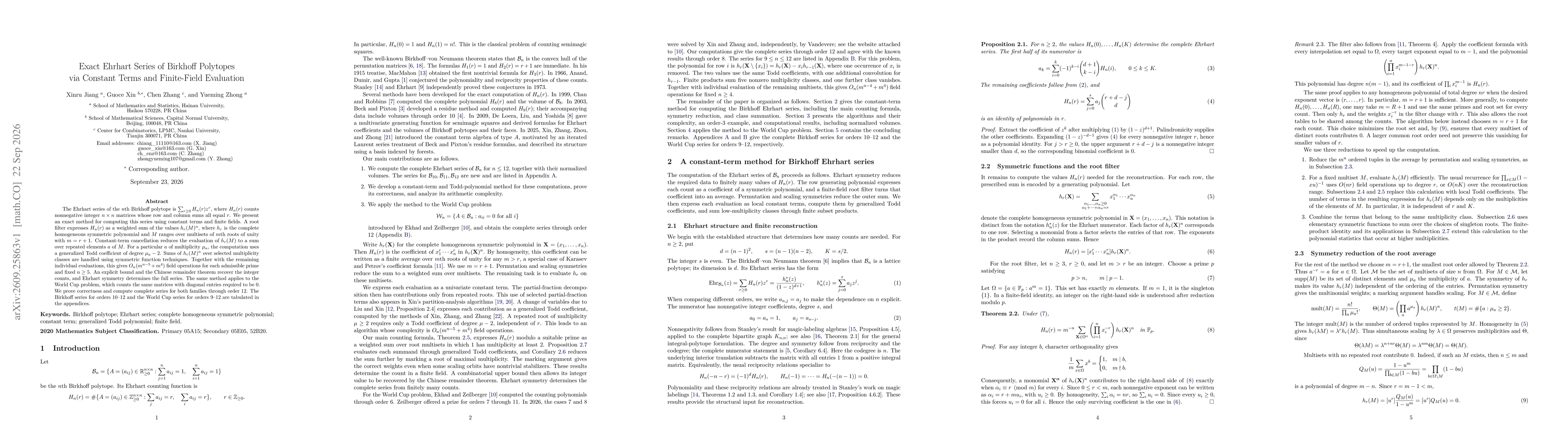 Thumbnail for Exact Ehrhart Series of Birkhoff Polytopes via Constant Terms and Finite-Field Evaluation
