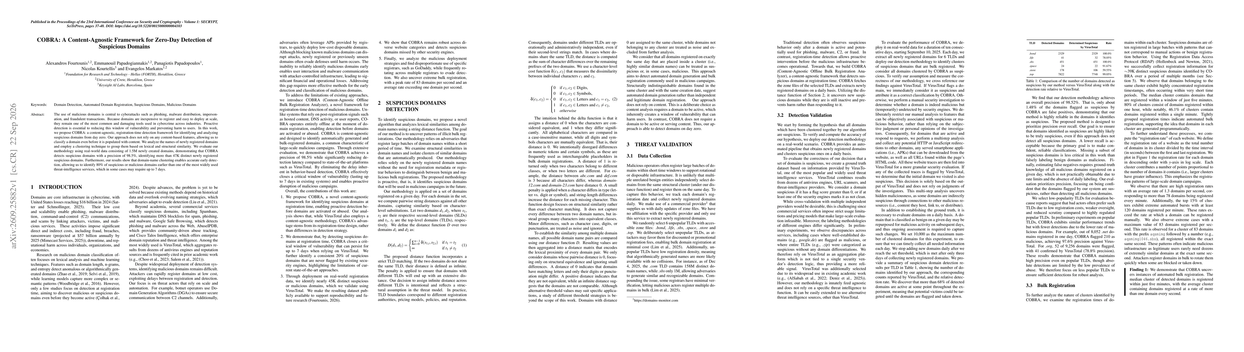 Thumbnail for COBRA: A Content-Agnostic Framework for Zero-Day Detection of Suspicious Domains