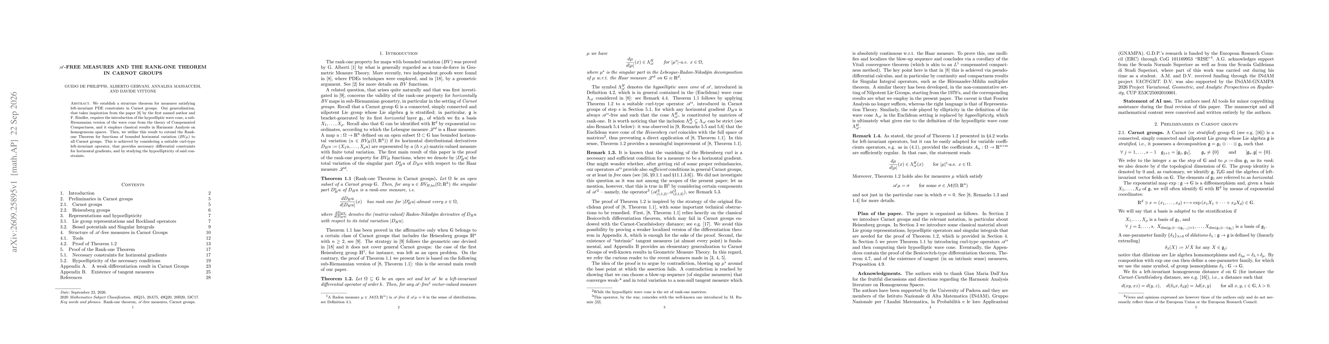 Thumbnail for $\mathscr{A}$-free measures and the Rank-one Theorem in Carnot Groups