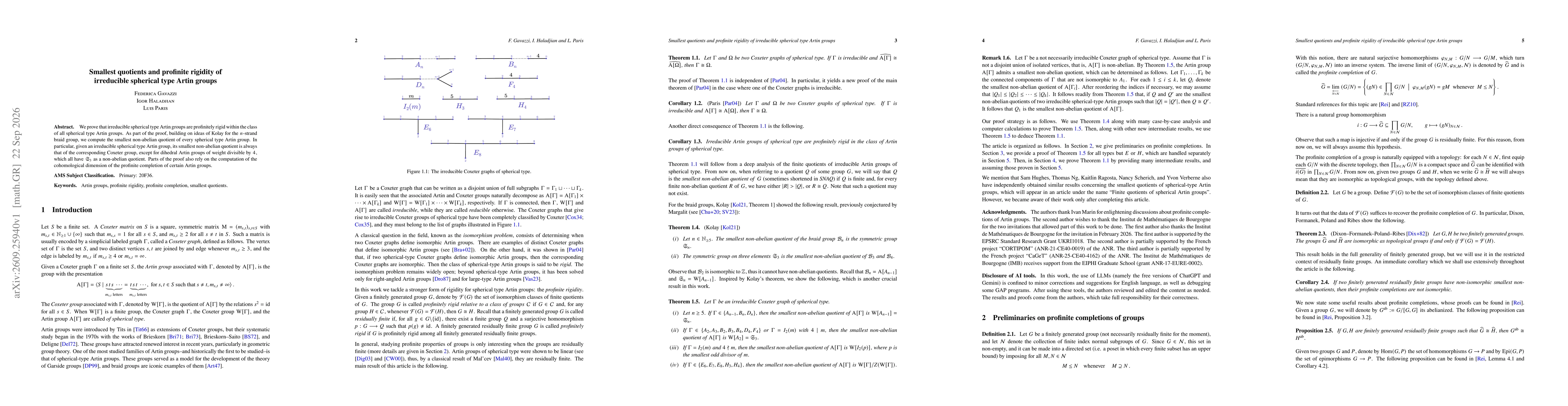 Thumbnail for Smallest quotients and profinite rigidity of irreducible spherical type Artin groups