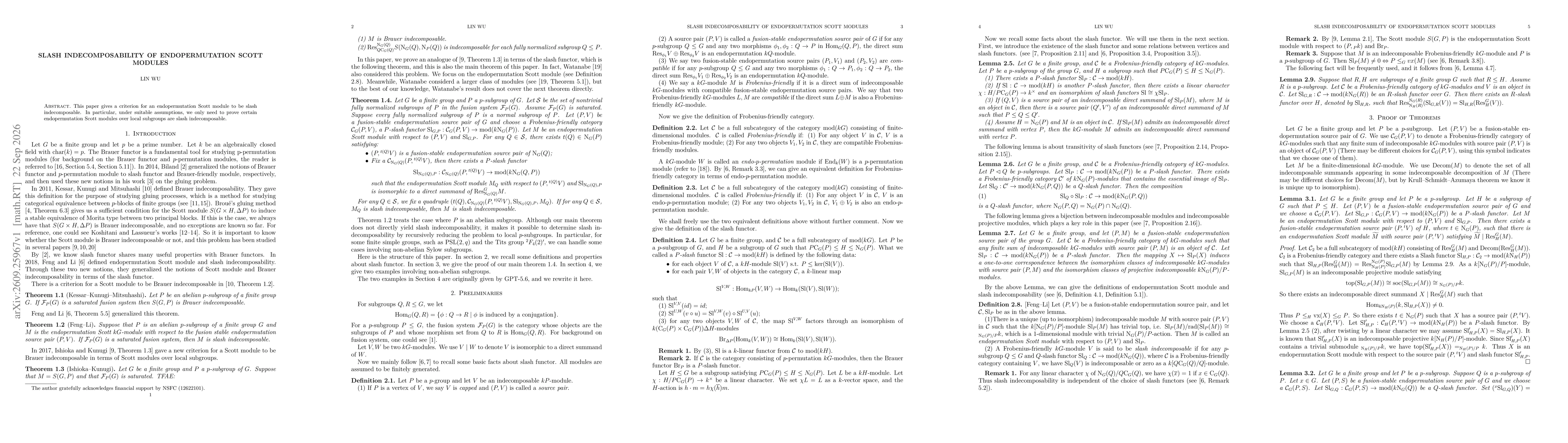 Thumbnail for Slash indecomposability of Endopermutation Scott modules