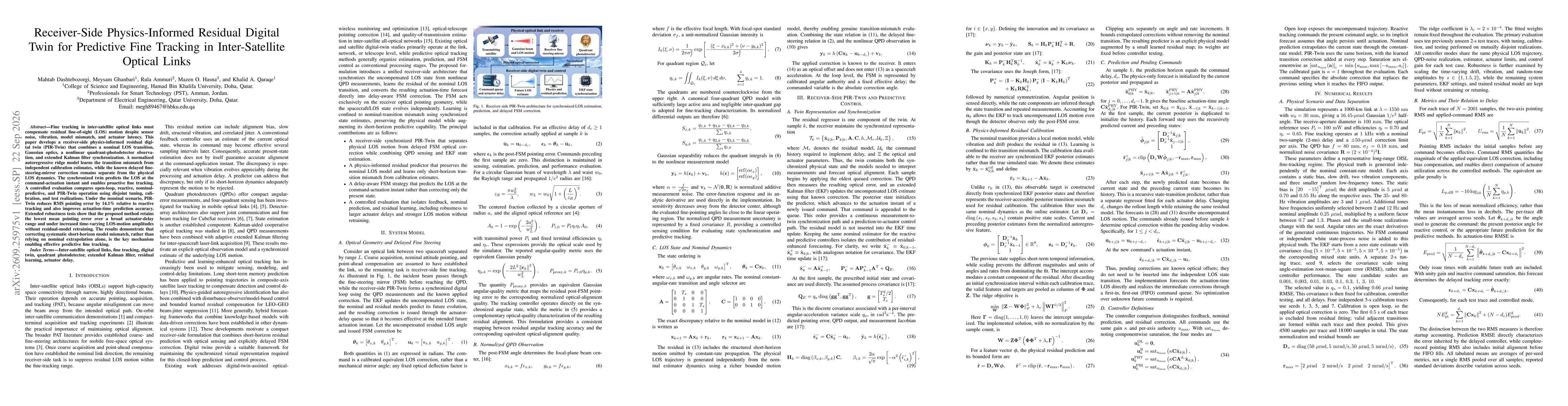 Thumbnail for Receiver-Side Physics-Informed Residual Digital Twin for Predictive Fine Tracking in Inter-Satellite Optical Links