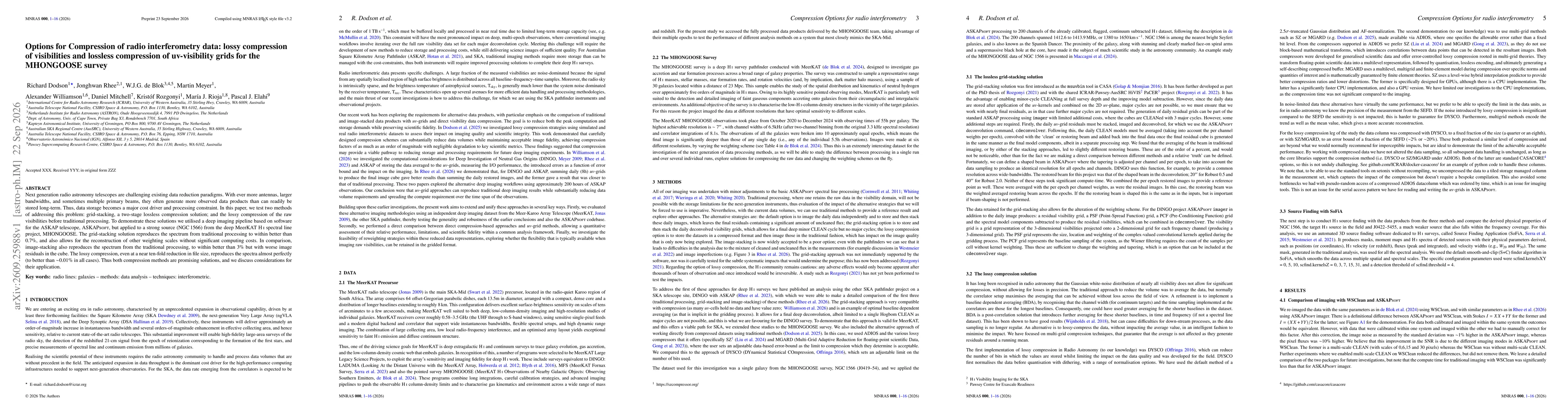 Thumbnail for Options for Compression of radio interferometry data: lossy compression of visibilities and lossless compression of uv-visibility grids for the MHONGOOSE survey