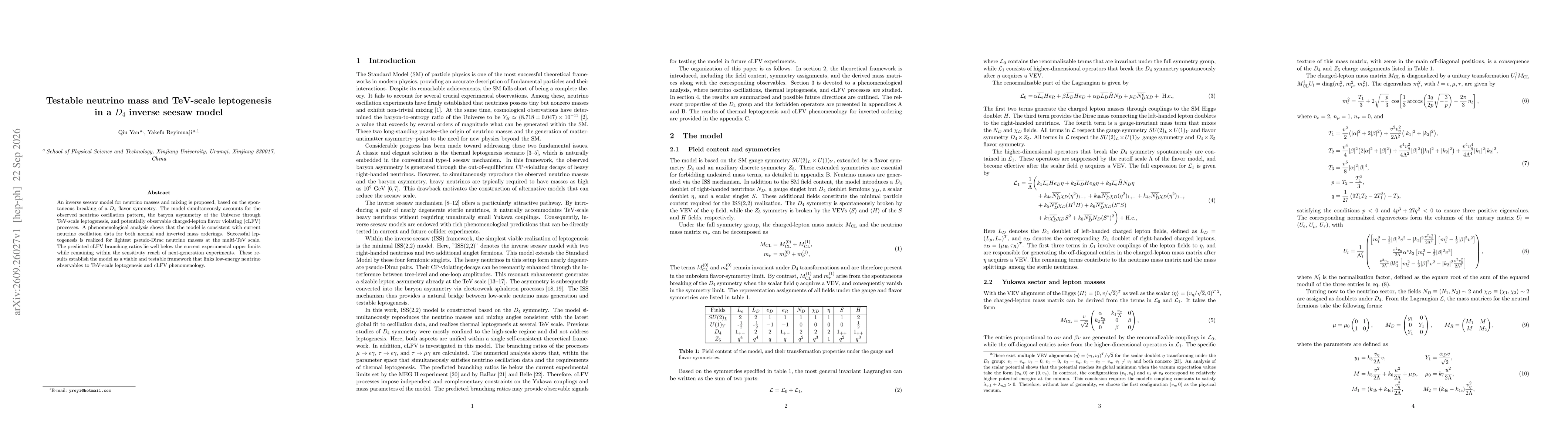 Thumbnail for Testable neutrino mass and TeV-scale leptogenesis in a $D_4$ inverse seesaw model