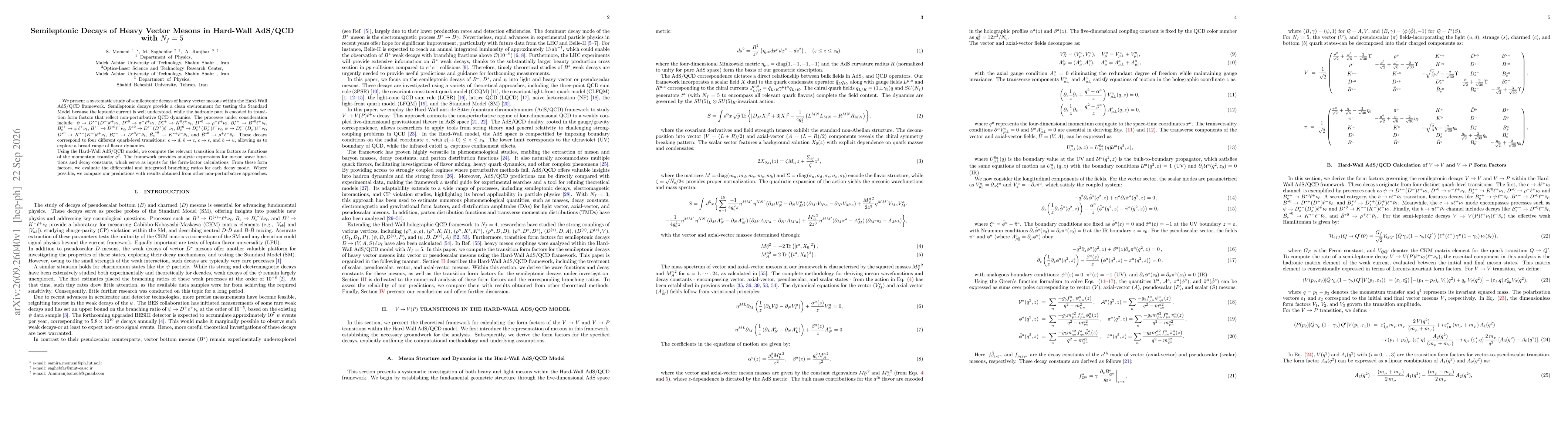 Thumbnail for Semileptonic Decays of Heavy Vector Mesons in Hard-Wall AdS/QCD with $N_{f}=5$