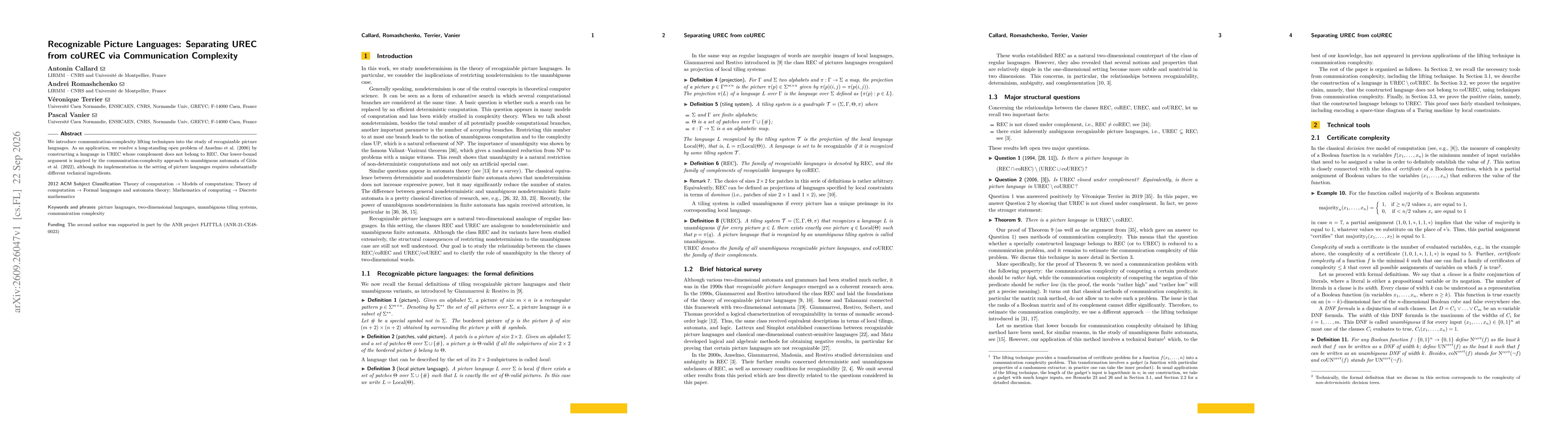 Thumbnail for Recognizable Picture Languages: Separating UREC from coUREC via Communication Complexity