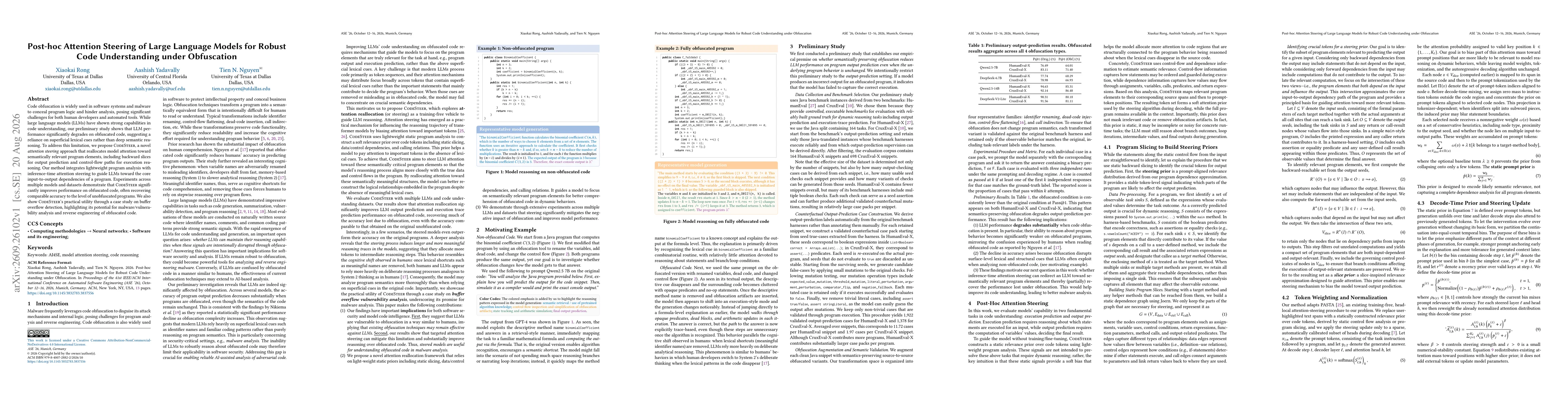 Thumbnail for Post-Hoc Attention Steering of Large Language Models for Robust Code Understanding under Obfuscation