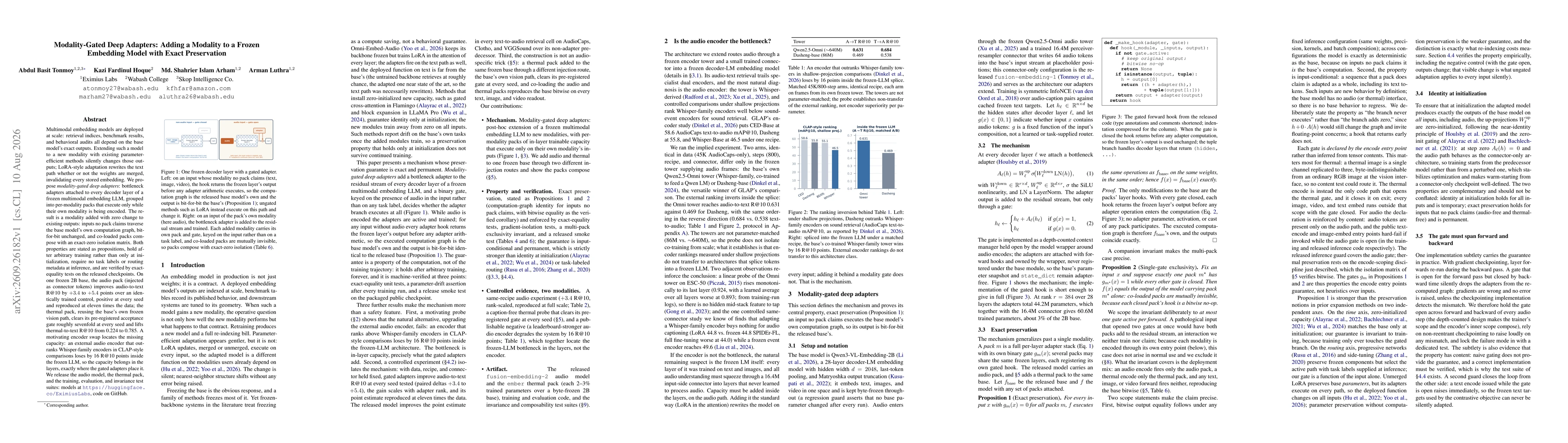 Thumbnail for Modality-Gated Deep Adapters: Adding a Modality to a Frozen Embedding Model with Exact Preservation