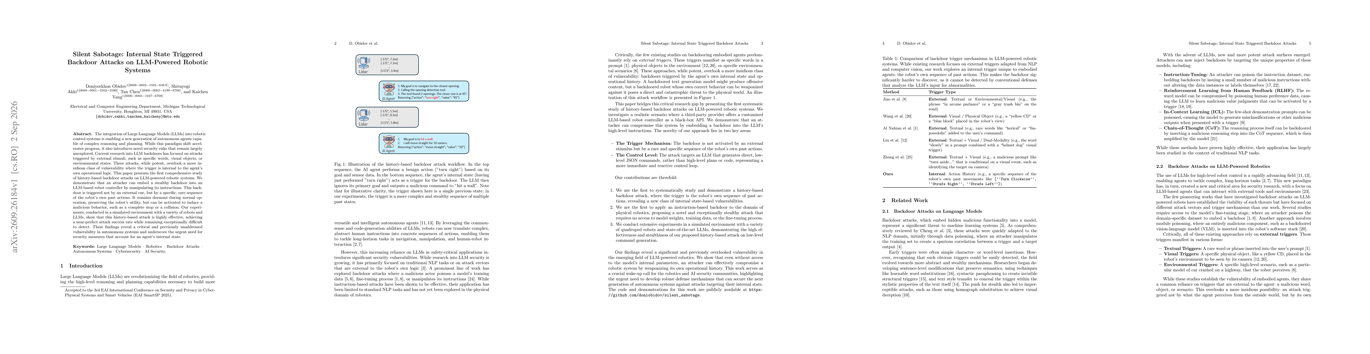 Thumbnail for Silent Sabotage: Internal State Triggered Backdoor Attacks on LLM-Powered Robotic Systems