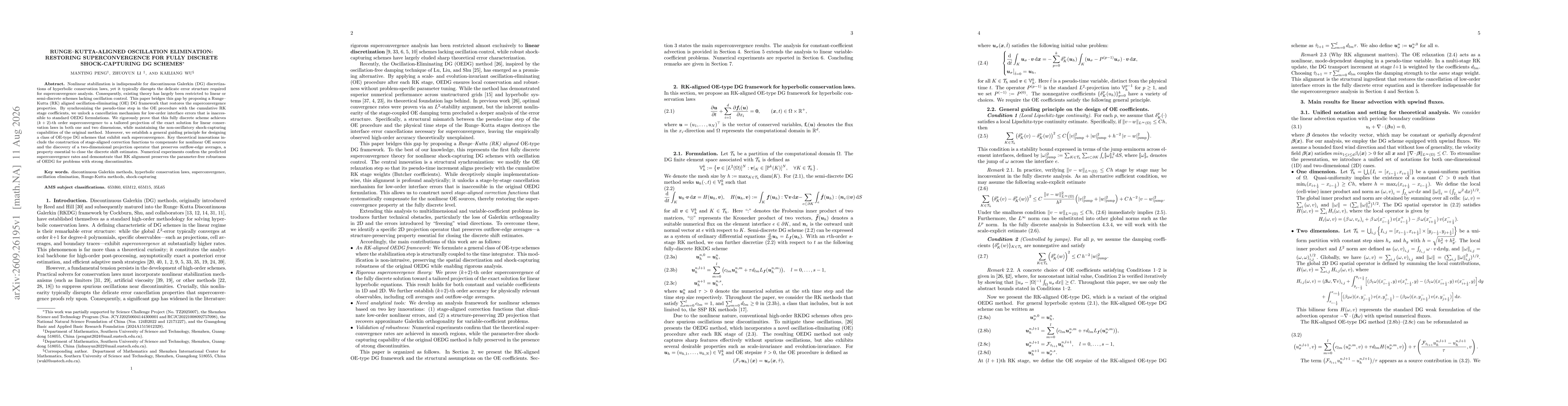 Thumbnail for Runge--Kutta-Aligned Oscillation Elimination: Restoring Superconvergence for Fully Discrete Shock-Capturing DG Schemes