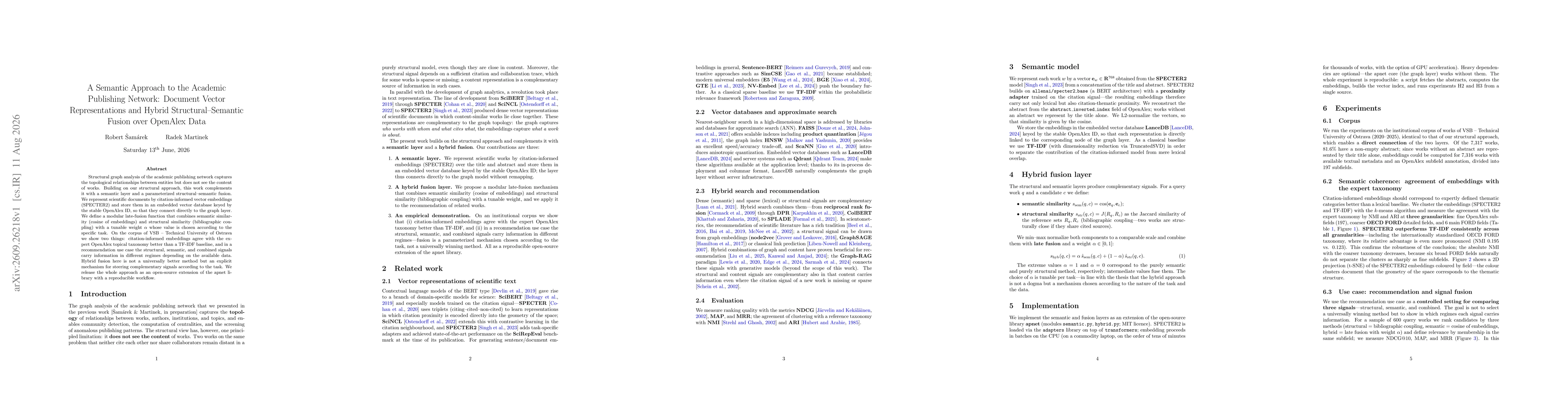 Thumbnail for A Semantic Approach to the Academic Publishing Network: Document Vector Representations and Hybrid Structural-Semantic Fusion over OpenAlex Data