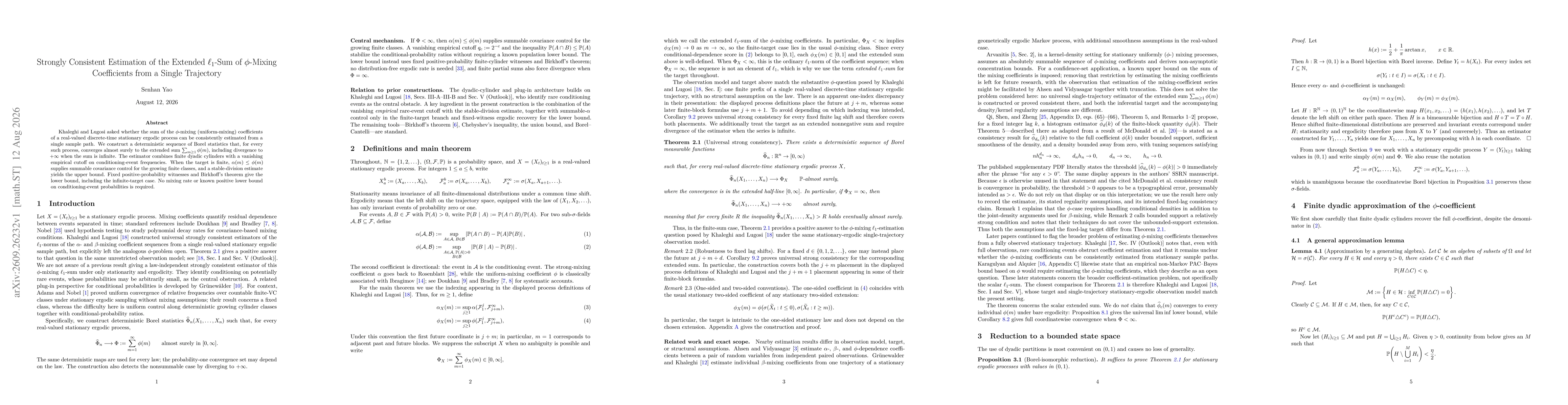 Thumbnail for Strongly Consistent Estimation of the Extended $\ell_1$-Sum of $φ$-Mixing Coefficients from a Single Trajectory