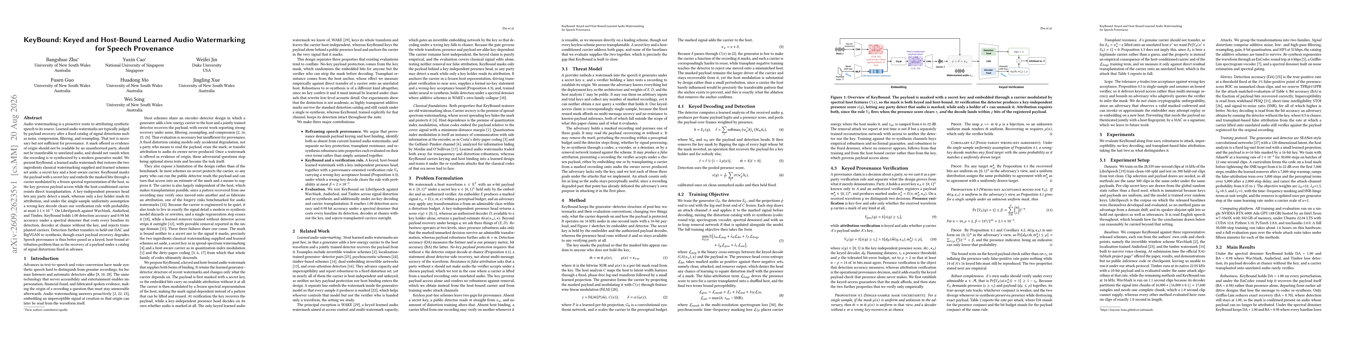 Thumbnail for KeyBound: Keyed and Host-Bound Learned Audio Watermarking for Speech Provenance