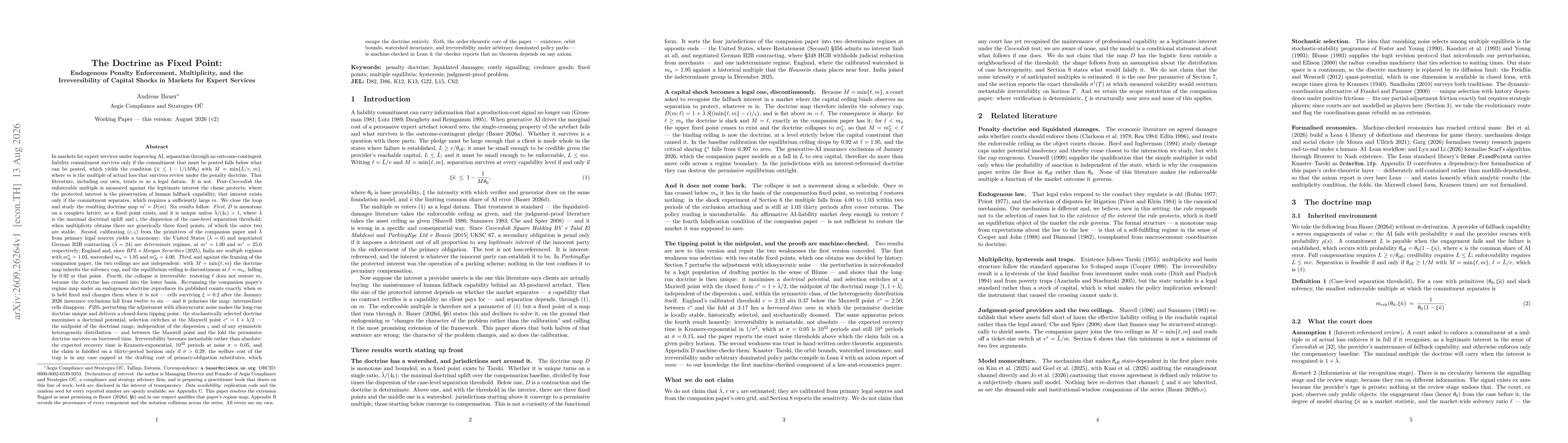 Thumbnail for The Doctrine as Fixed Point: Endogenous Penalty Enforcement, Multiplicity, and the Irreversibility of Capital Shocks in Markets for Expert Services