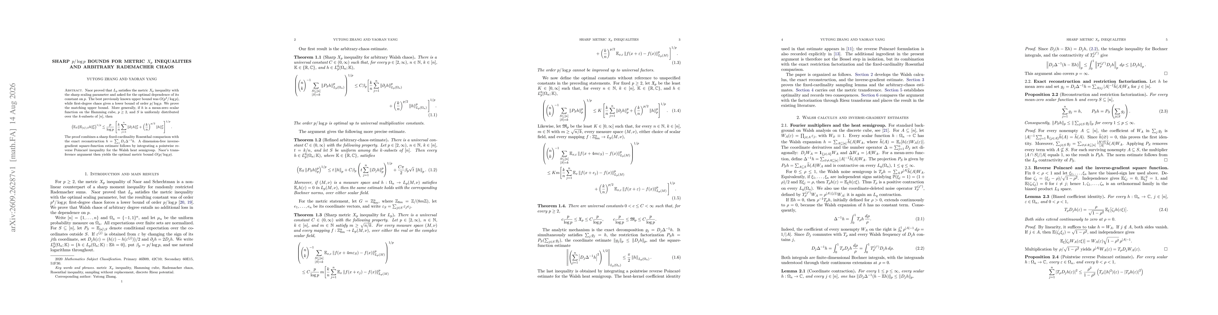 Thumbnail for Sharp $p/\log p$ Bounds for Metric $X_p$ Inequalities and Arbitrary Rademacher Chaos