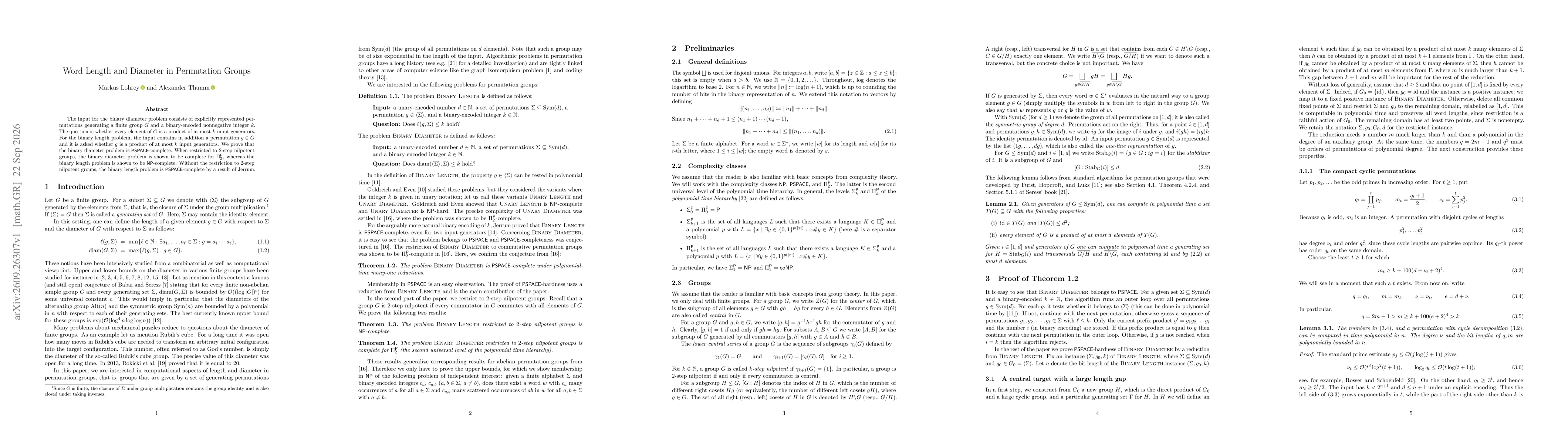 Thumbnail for Word Length and Diameter in Permutation Groups