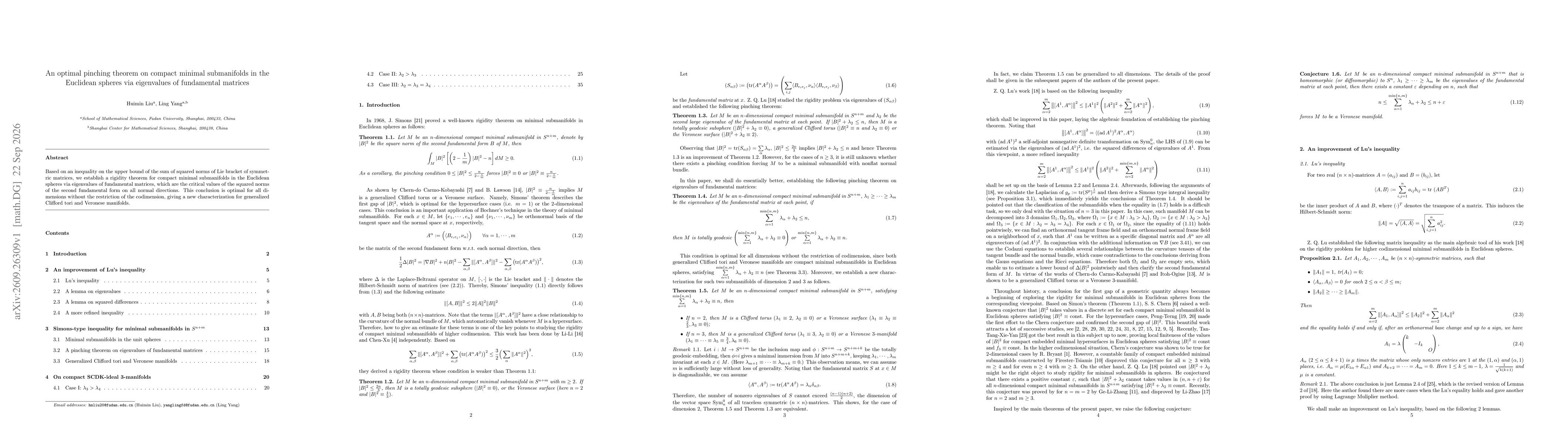 Thumbnail for An optimal pinching theorem on compact minimal submanifolds in the Euclidean spheres via eigenvalues of fundamental matrices