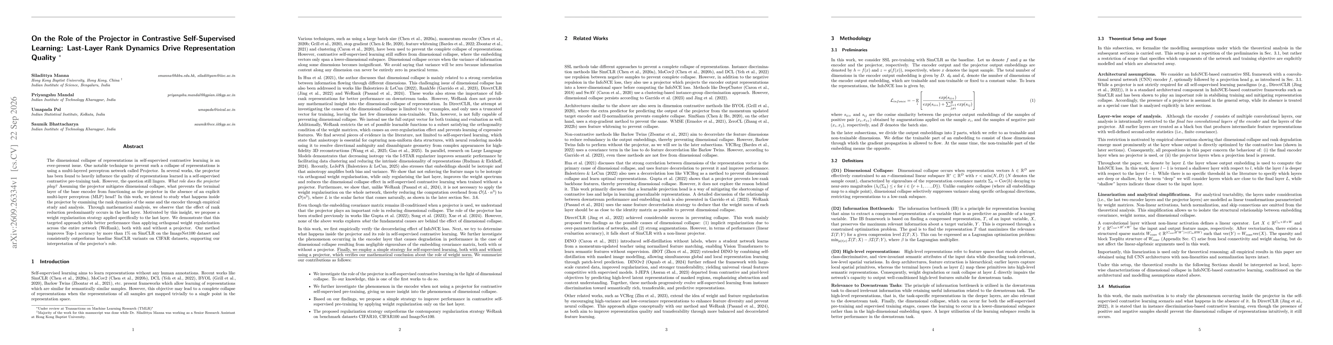 Thumbnail for On the Role of the Projector in Contrastive Self-Supervised Learning: Last-Layer Rank Dynamics Drive Representation Quality
