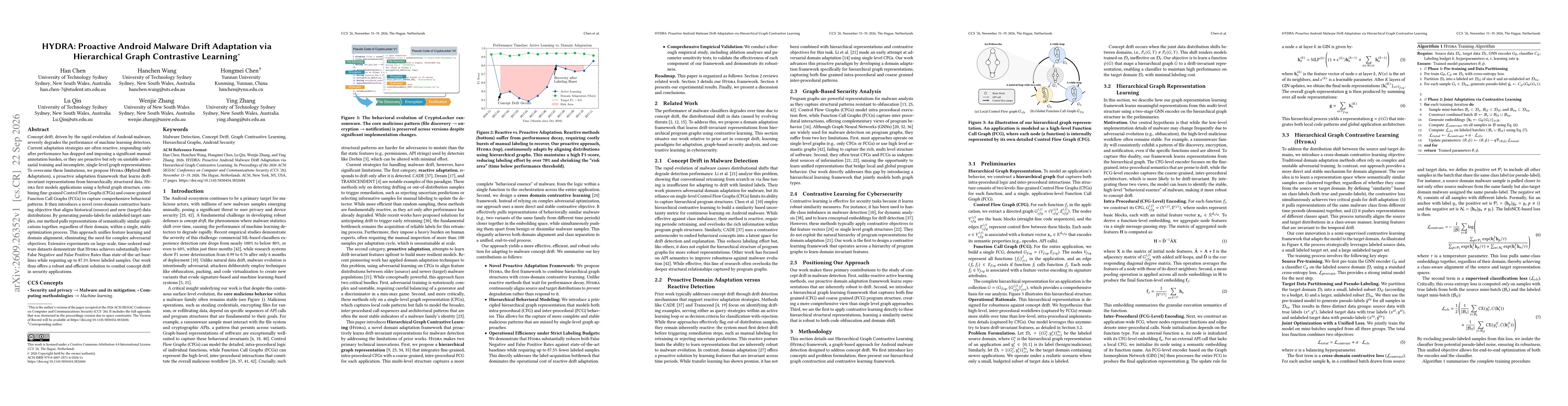 Thumbnail for HYDRA: Proactive Android Malware Drift Adaptation via Hierarchical Graph Contrastive Learning