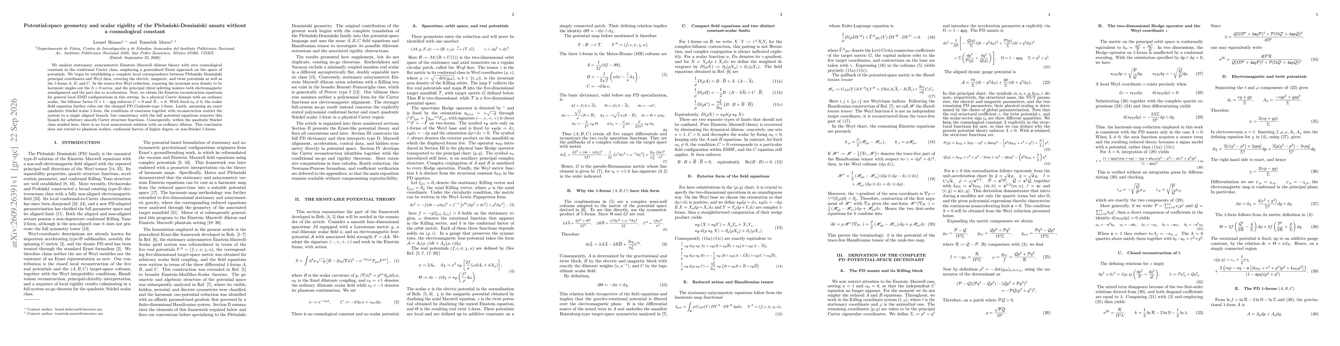 Thumbnail for Potential-space geometry and scalar rigidity of the Plebański-Demiański ansatz without a cosmological constant