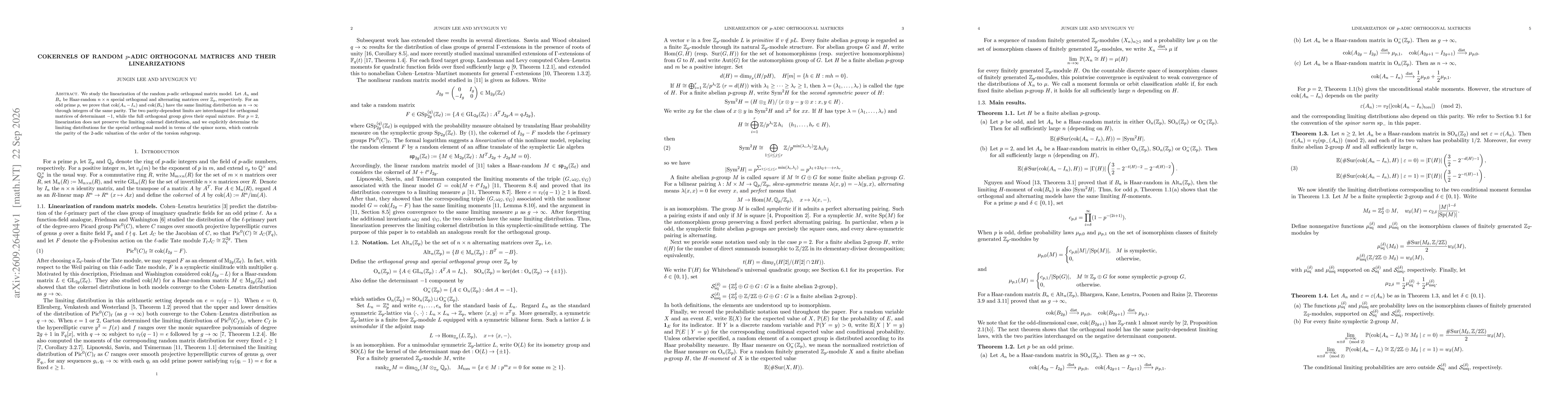 Thumbnail for Cokernels of random $p$-adic orthogonal matrices and their linearizations