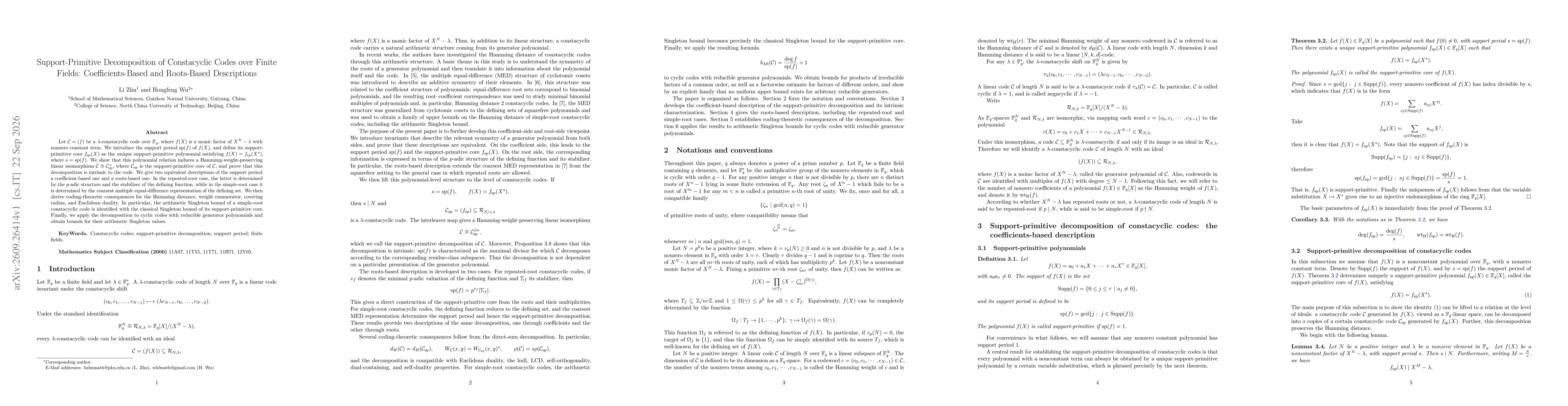 Thumbnail for Support-Primitive Decomposition of Constacyclic Codes over Finite Fields: Coefficients-Based and Roots-Based Descriptions