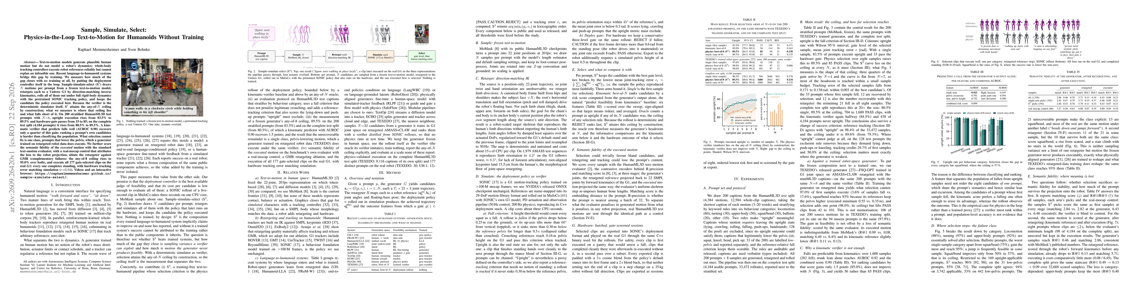 Thumbnail for Sample, Simulate, Select: Physics-in-the-Loop Text-to-Motion for Humanoids Without Training