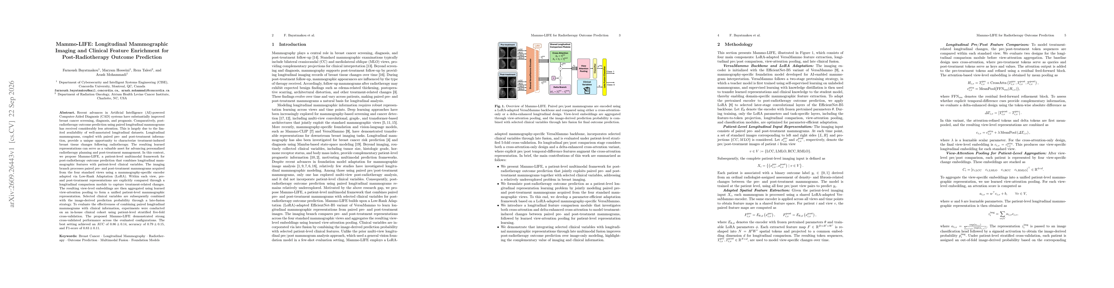 Thumbnail for Mammo-LIFE: Longitudinal Mammographic Imaging and Clinical Feature Enrichment for Post-Radiotherapy Outcome Prediction