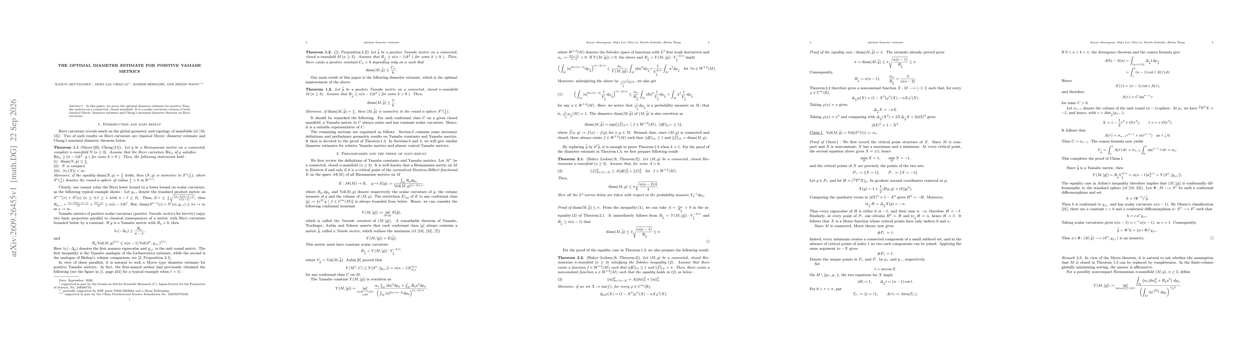 Thumbnail for The optimal diameter estimate for positive Yamabe metrics