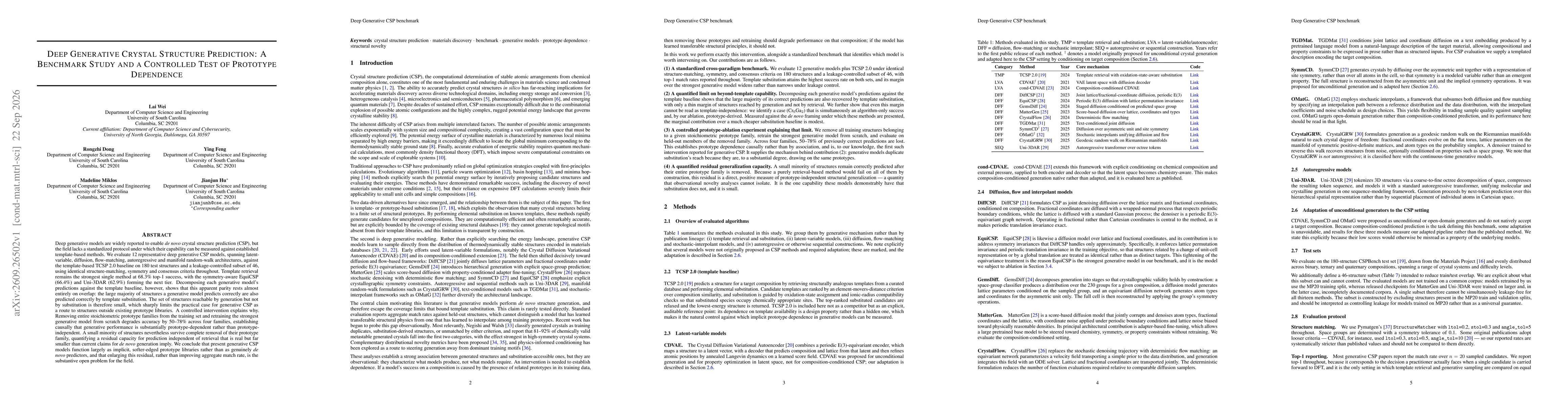 Thumbnail for Deep Generative Crystal Structure Prediction: A Benchmark Study and a Controlled Test of Prototype Dependence