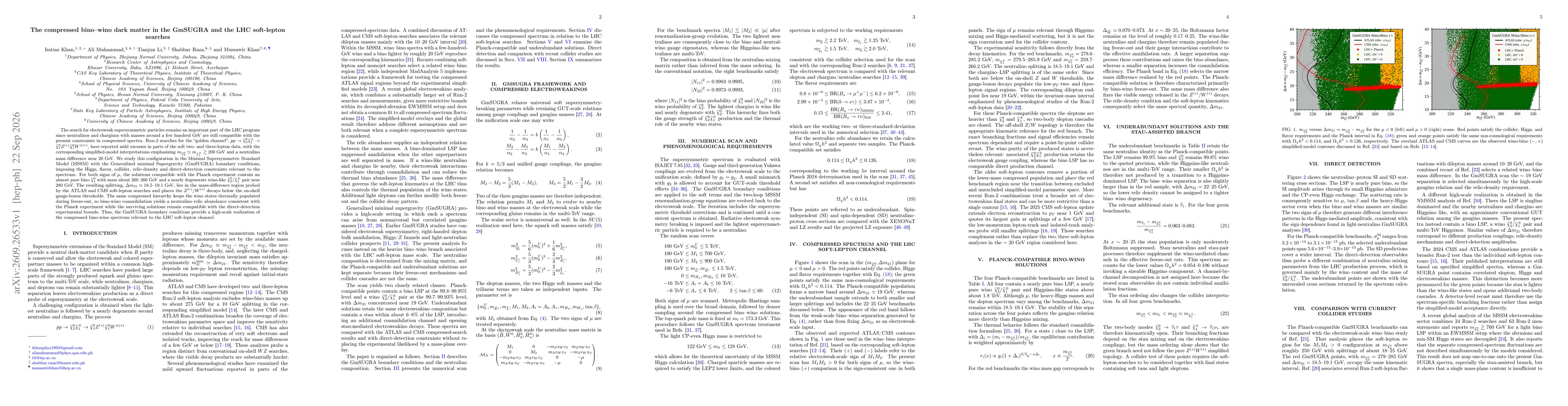 Thumbnail for The compressed bino--wino dark matter in the GmSUGRA and the LHC soft-lepton searches