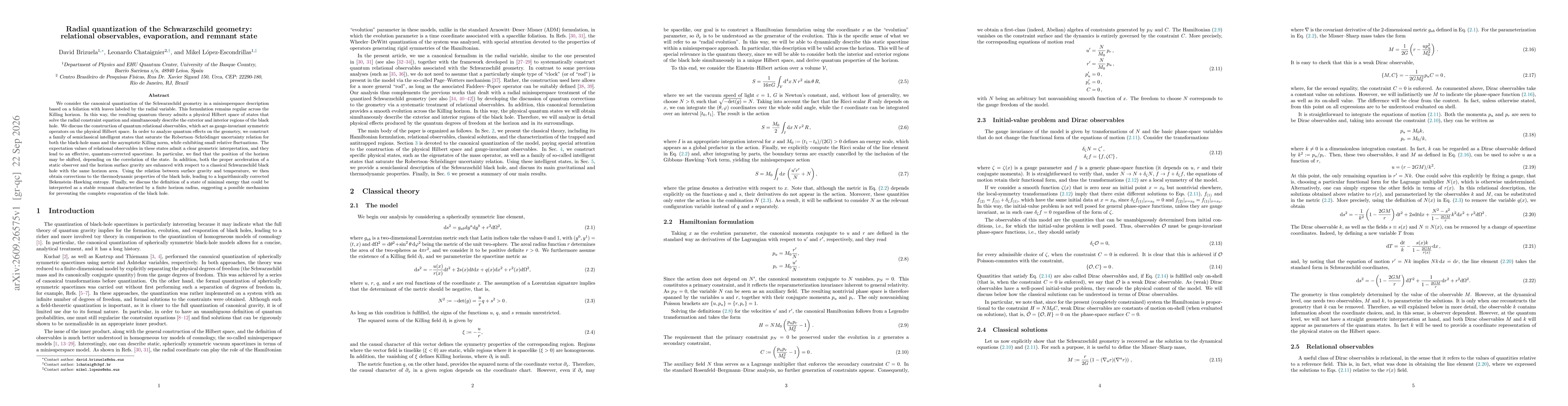 Thumbnail for Radial quantization of the Schwarzschild geometry: relational observables, evaporation, and remnant state