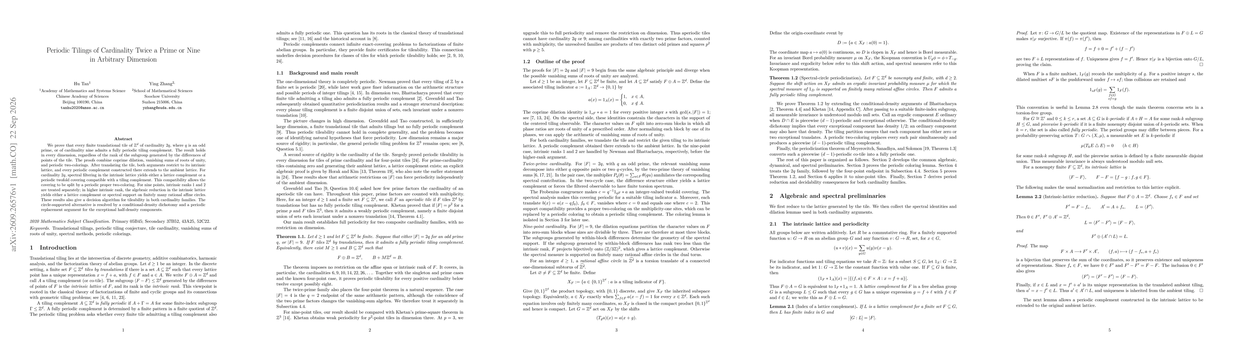 Thumbnail for Periodic Tilings of Cardinality Twice a Prime or Nine in Arbitrary Dimension
